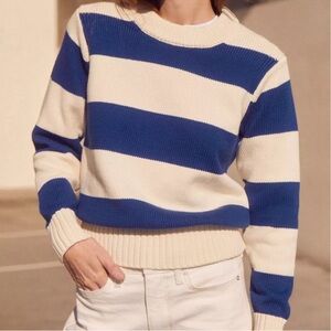 Ayr The Kickback Crew Sweater Size Large Blue White Cotton Striped Pullover